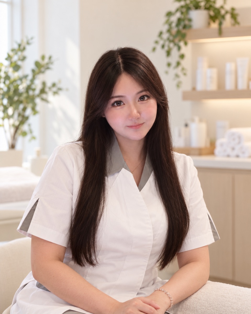 Luna, Tea Spa licensed esthetician, in an ivory uniform with soft natural light