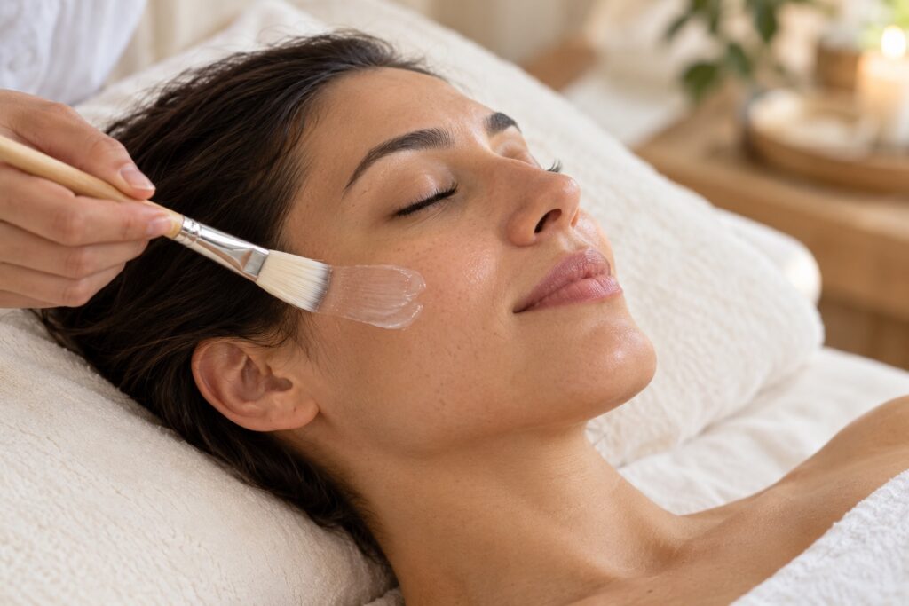 Home - new 3 A guest resting comfortably during gentle facial care