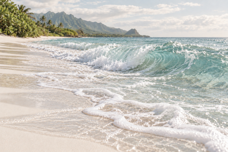 Hawaiian-Inspired Massage & Holistic Touch 26 Soft sea-glass waves on an ivory white sand beach, with muted tropical greens and hazy island mountains.