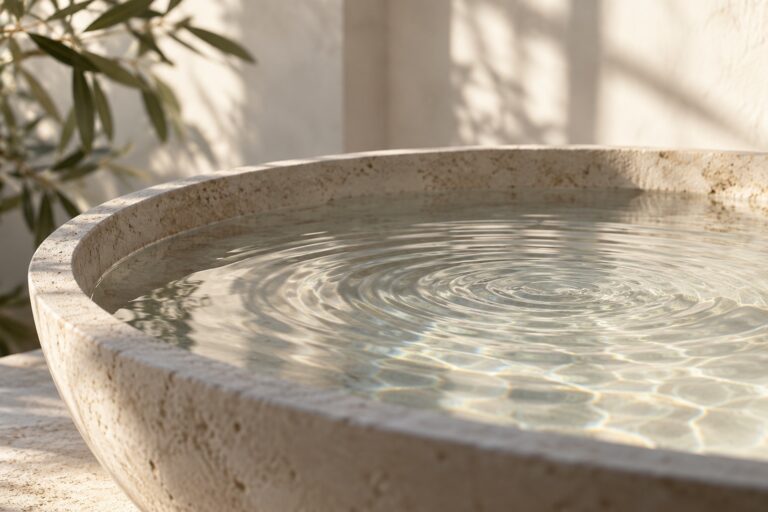 Doing nothing isn't always resting 27 Gentle ripples in a pale limestone water basin, with soft sunlight and green leaves.