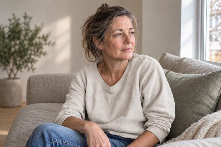 Who taught us that rest was lazy? 28 A woman in a light ivory top resting on a sofa beside a softly lit window.
