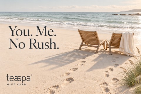 Home - new 6 Tea Spa You and Me, No Rush gift card with a peaceful seaside scene